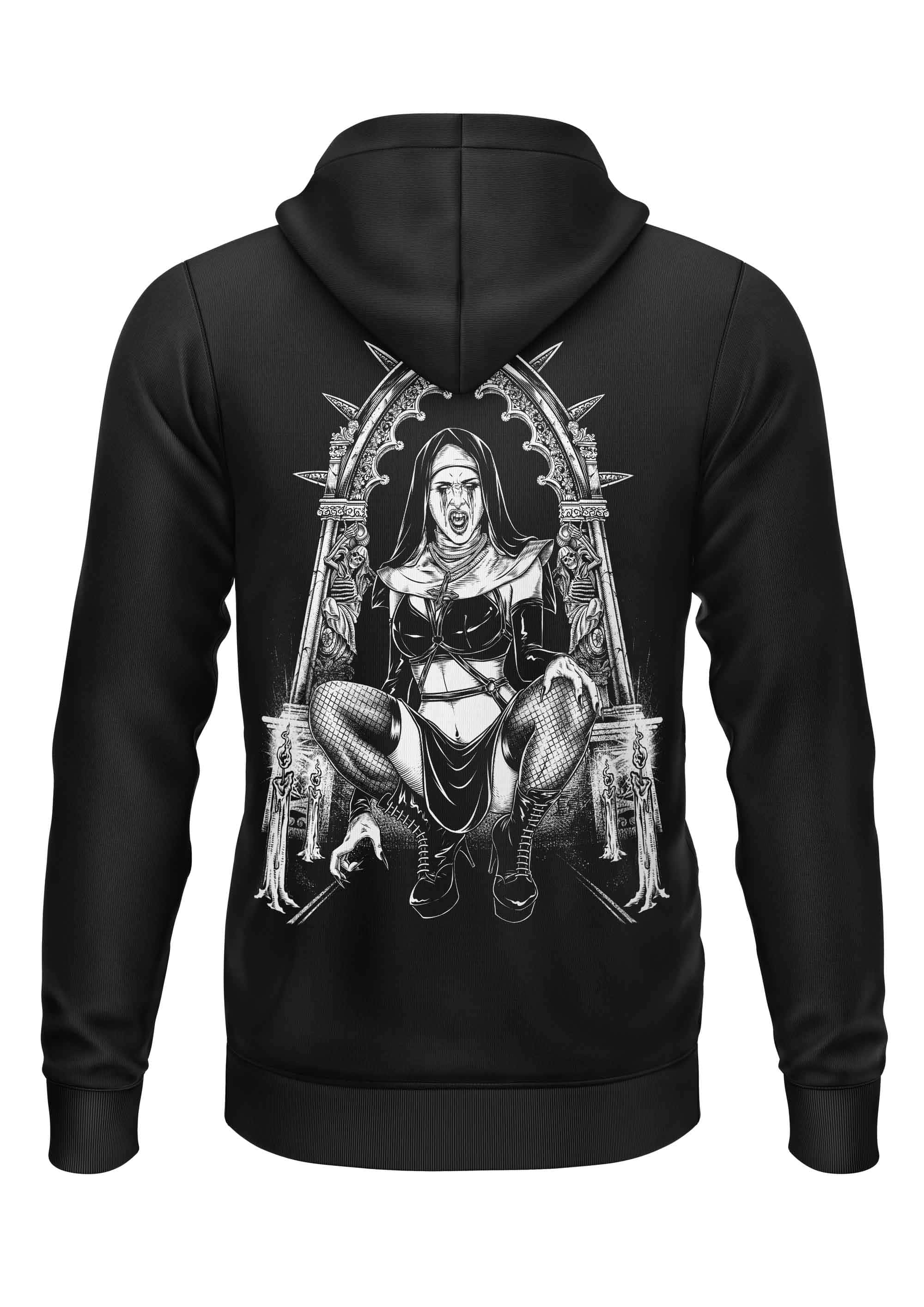 Schwarzer gothic hoodie mit zipper und detailliertem horror backprint einer dämonischen nonne auf throne